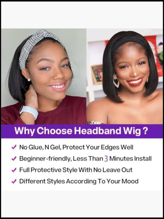 Short Bob Headband Wig Human Hair Straight Easy Wear Go Glueless Wig for Women main image 4